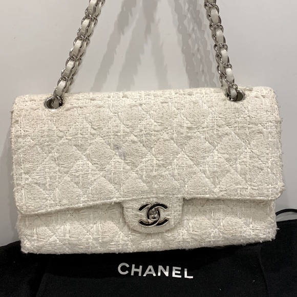 CHANEL 🤍RARE Ginza Double Flap 2.55 Ivory Tweed Boucle Rectangle Quilted Silver - Picture 2 of 16